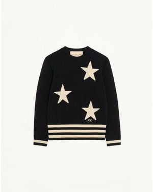Valentino Wool Crewneck Jumper With Star Motif And Vlogo Embroidery - Black