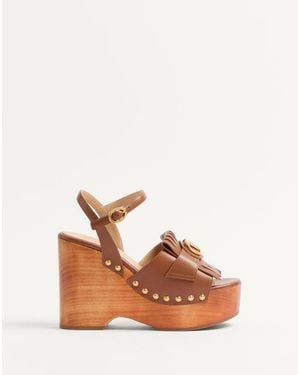 Valentino Garavani Vlogo Signature Calfskin Clog Sandal With Fringes 120mm - Brown