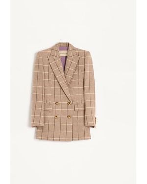 Valentino Double-Breasted Wool Blazer With Windowpane Pattern - Natural