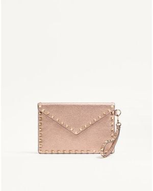 Valentino Garavani Pochette Rockstud En Cuir De Veau Grainé Et Laminé Femme - Neutre