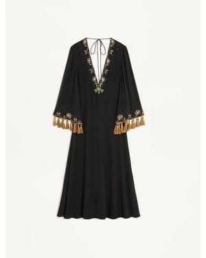 Valentino Embroidered Light Georgette Midi Dress - Black