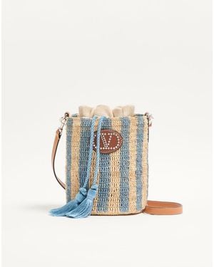 Valentino Garavani Small Striped Raffia Bucket Bag - Blue