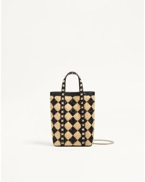 Valentino Garavani Mini Tote With Synthetic Raffia Embroidered Rockstud Chain - White