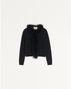 Valentino Cardigan En Laine Orné De Plumes Femme - Noir