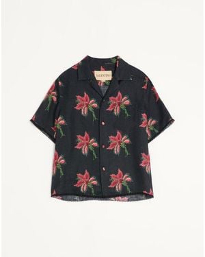 Valentino Linen Bowling Shirt With Papier Floral Print 44 - Blue