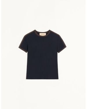 Valentino Cotton T-Shirt With Crew Neck, Contrasting Side Bands And Vlogo Embroidery - Blue