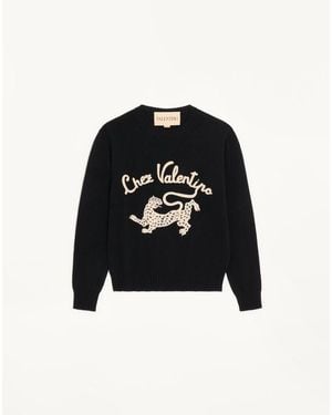 Valentino Wool Jumper With Chez & Panther Embroidery - Black