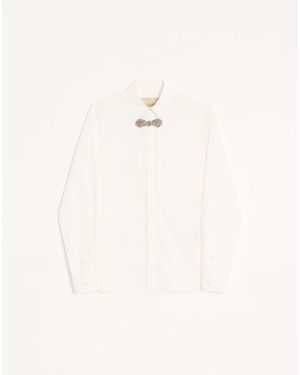 Valentino Long-Sleeved Cotton Poplin Shirt With Embroidered Frog Closure - Natural