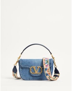 Valentino Garavani Alltime Denim Shoulder Bag With Embroidered Ribbon Strap - Blue