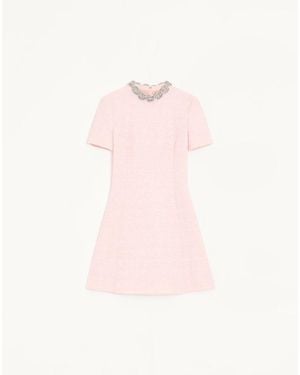 Valentino Embroidered Crinkle Cotton Tweed Short Dress 36 - Pink