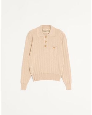 Valentino Long-Sleeved Ribbed Cotton Polo Shirt - Natural