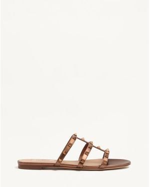 Valentino Garavani Rockstud Flat Metallic Nappa Slide Sandal - Natural