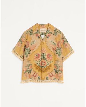 Valentino Linen Bowling Shirt With Apres L'Hiver Print 44 - Metallic