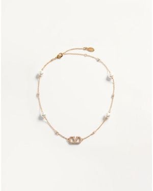 Valentino Garavani Vlogo Signature Metal Necklace With Swarovski Crystals And Pearls - Natural