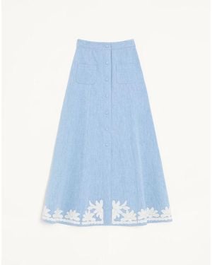 Valentino Falda Midi De Mezclilla Con Bordado Mujer - Azul
