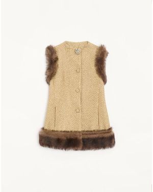 Valentino Tweed Canestrello Lurex Waistcoat With Shearling Details - Natural
