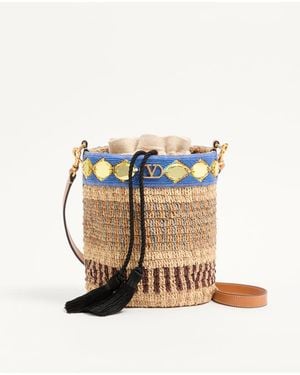 Valentino Garavani Small Raffia Embroidered Bucket Bag - Blue
