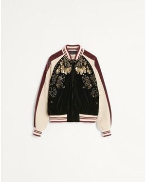 Valentino Cotton Velvet Bomber With Sequin And Bead Embroidery - Black