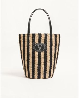 Valentino Garavani Striped Raffia Shopping Bag - White