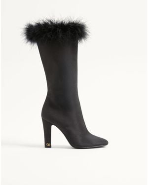 Valentino Garavani Hotty Shantung Fabric Boot With Feathers 100Mm - Black