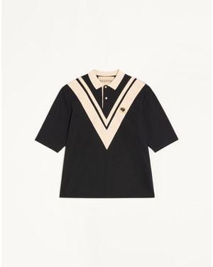 Valentino Cotton Polo With Inlaid V And Embroidered Panther Patch - Black