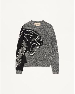 Valentino Cotton And Mouliné Wool Jumper With Panther Jacquard - Grey