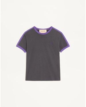 Valentino Cotton T-Shirt With Crew Neck, Contrasting Side Bands And Vlogo Embroidery - Blue