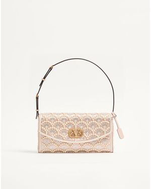 Valentino Garavani Devain Small Shoulder Bag With Pearls And Rhinestones - Natural
