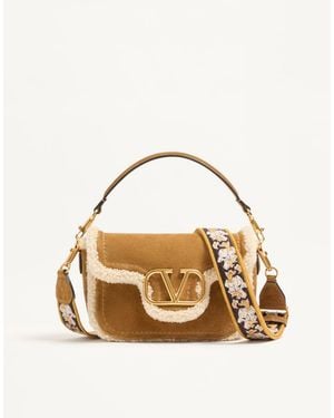 Valentino Garavani Alltime Suede Shoulder Bag With Sheepskin Lining And Embroidered Ribbon Shoulder Strap - Metallic