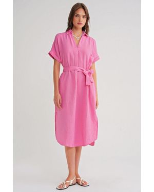 MixRay Belted Short-Sleeve Midi Dress - Pink