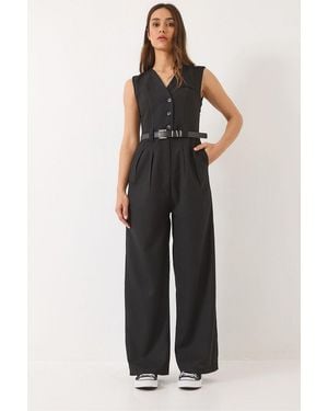 Bianco Lucci V-Neck Wide Leg Jumpsuit With Bow Detail - Black