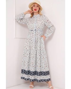 Bigdart Buttoned Crew Neck Maxi Dress With Waistband - Grey