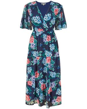 Yumi' Floral V Neck Midi Dress (Marine) - Blauw