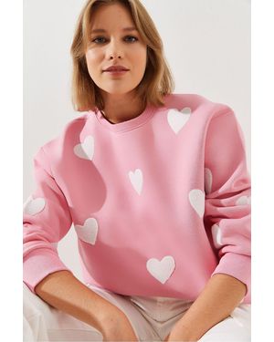 Bianco Lucci Oversized Geborduurd Crewneck Sweatshirt - Roze