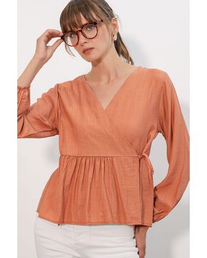 Bigdart V-Neck Tie Detail Crepe Wrap Blouse - Orange