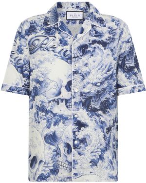 Philipp Plein Linen Bowling Shirt All-Over Ceramic - Blauw