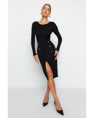 Trendyol Mi̇Lla Effen Midi Taille Elastisch Kokerrok- Rok Rokken - Zwart