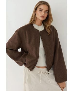 Hiccup Full-Zip Oversized Textured Bomber Jacket - Brown
