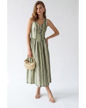 MixRay Striped A-Line Midi Dress With Tie Detail - Green