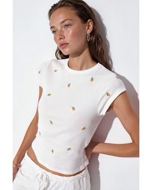 Busem Slim Fit Cotton Embroidered Crew Neck T-Shirt - White
