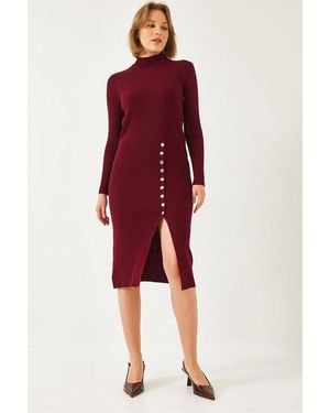 Bianco Lucci Ribbed Textured Turtleneck Midi Knitted Dress