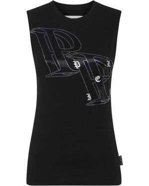 Philipp Plein Tops ,Zwart ,Katoen Full Strass Tank Top Wire Frame