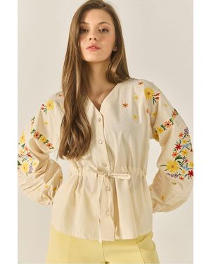 Bianco Lucci Embroidered V-Neck Cotton Shirt With Bow - Natural