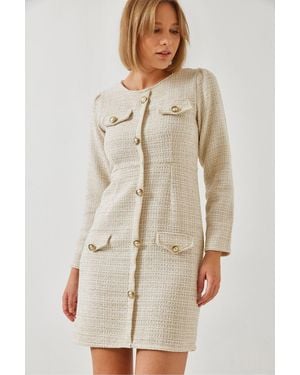 Bianco Lucci Buttoned Pocket Tweed Mini Dress With Crew Neck - Natural