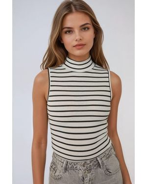 Hiccup Striped Half Turtleneck Sleeveless Fitted Knit Top - Grey