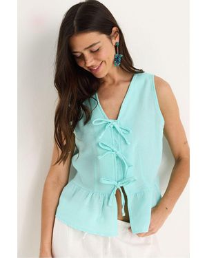 Bianco Lucci V-Neck Crepe Blouse With Bow Tie - Blue