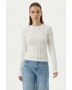 Bigdart Ribbed Crew Neck Long Sleeve Blouse - White