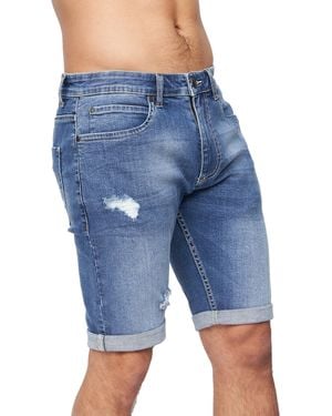 Crosshatch Riptrey Abraised Denim Shorts (Mid Wash) - Blue