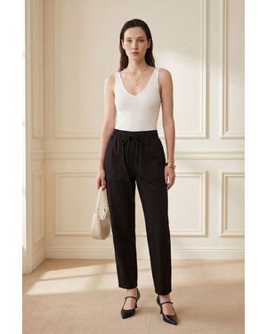 My Fashion Ankle Length Solid Gabardine Trousers With Drawstring Waist - Natural