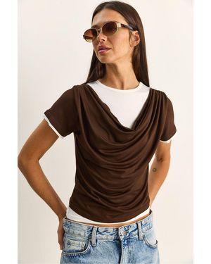 Bianco Lucci Cowl Neck Short Sleeve T-Shirt - Brown